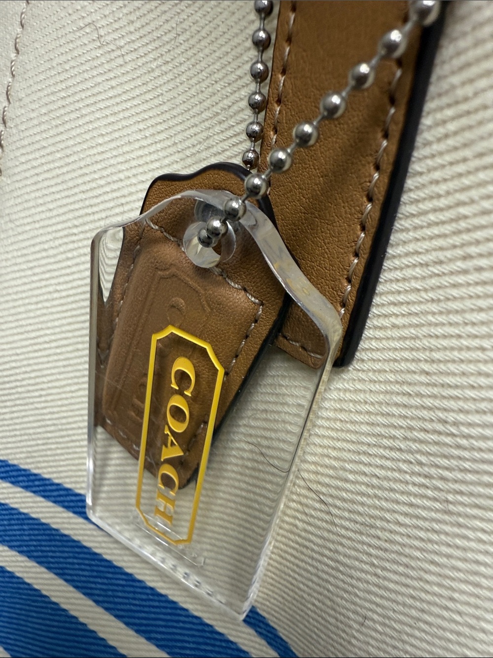 Coach Hadley Blue & Cream Striped Canvas Tote/Duffle with Tan Leather Trim - Picture 8 of 11